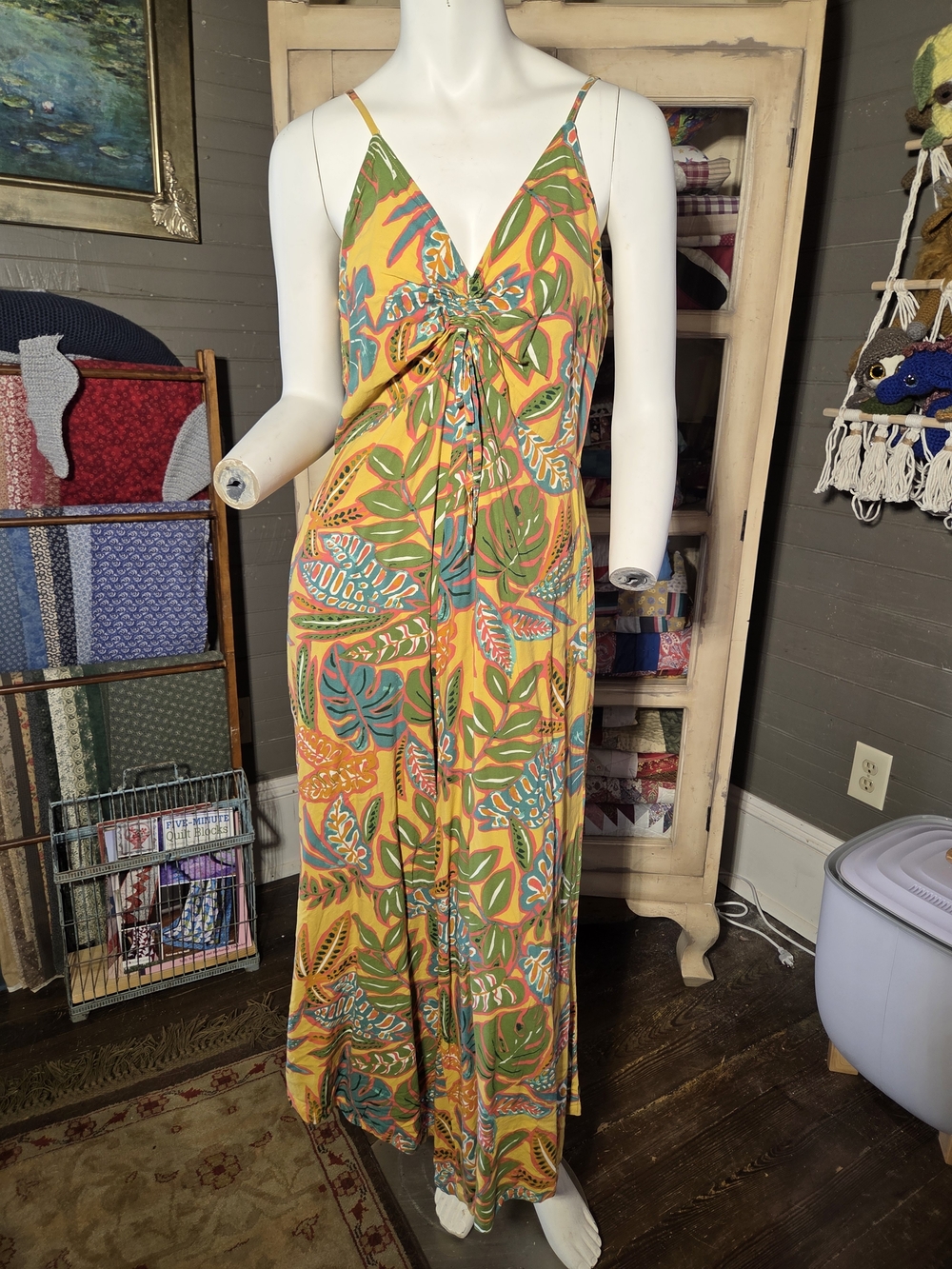 Japna Yellow Tropical Print Tie-Front Maxi Jumpsuit